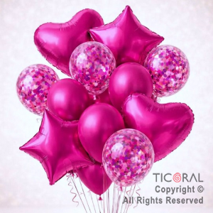 SET DE GLOBOS METALIZADOS ESTRELLA CORAZON CONFETI Y LATEX FUCSIA x 14 UNIDADES
